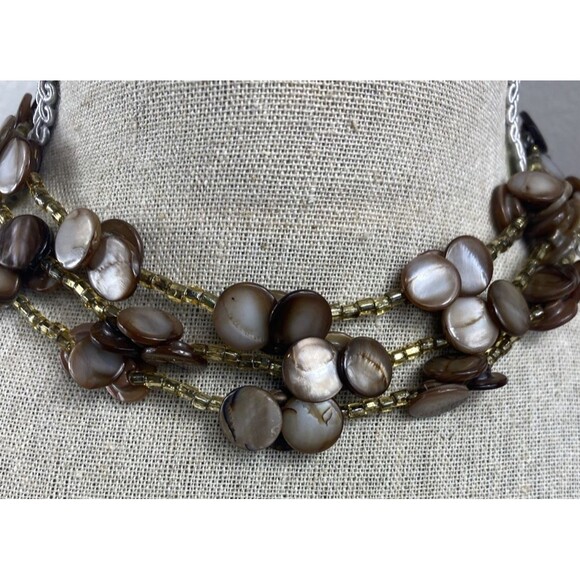 Vintage 13" Choker Necklace Tan Crystal MOP Shell 3 Strands BOHO - Picture 5 of 7
